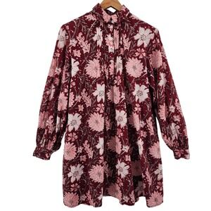 Mille Floral Tunic Dress Medium Burgundy Boho Balloon Sleeve Resort Travel